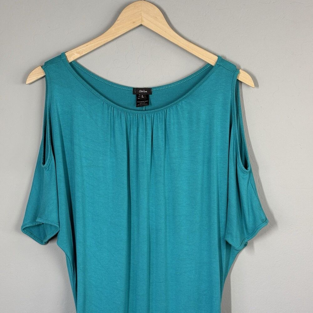 Vintage Y2K 2000s Top Women L Turquoise Blue Drape Stretch Office Siren USA Made - Picture 2 of 10